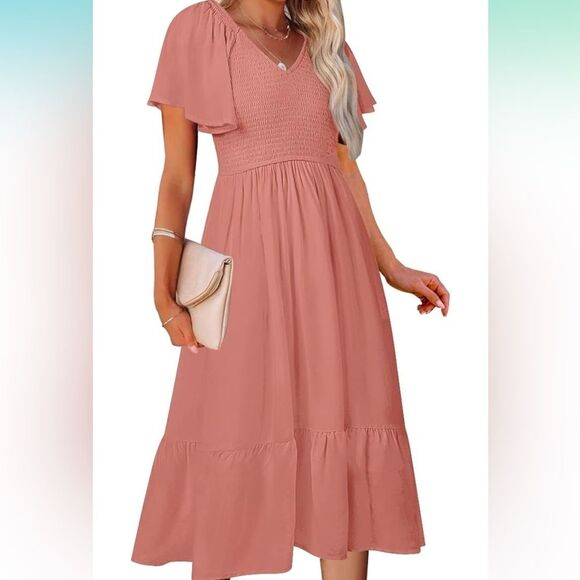 Merokeety Dresses & Skirts - EUC Smocked Flutter Sleeve Midi Dress – Dusty Rose, Size Large